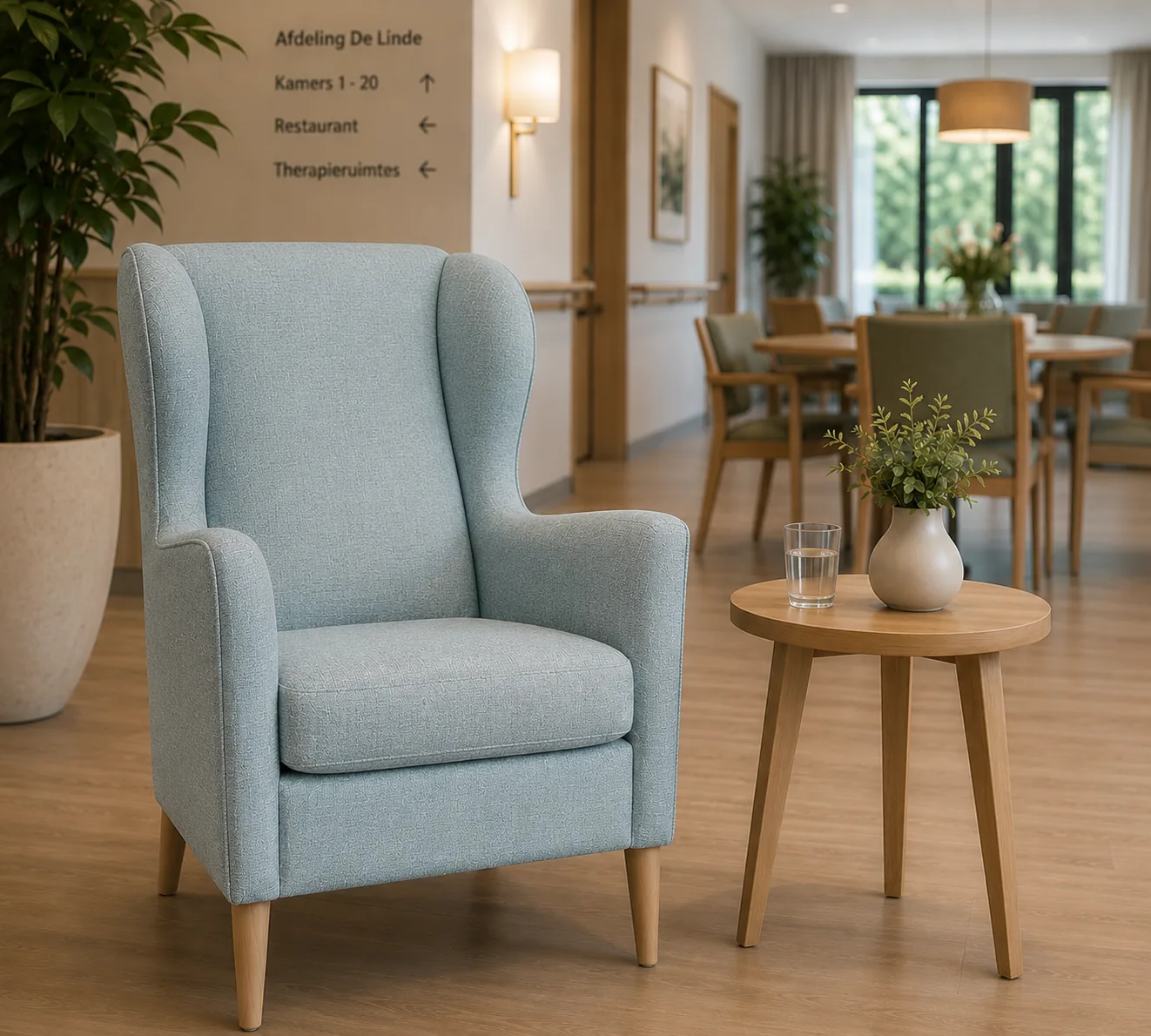 Lichtblauwe fauteuil met hoge rug in een restaurant