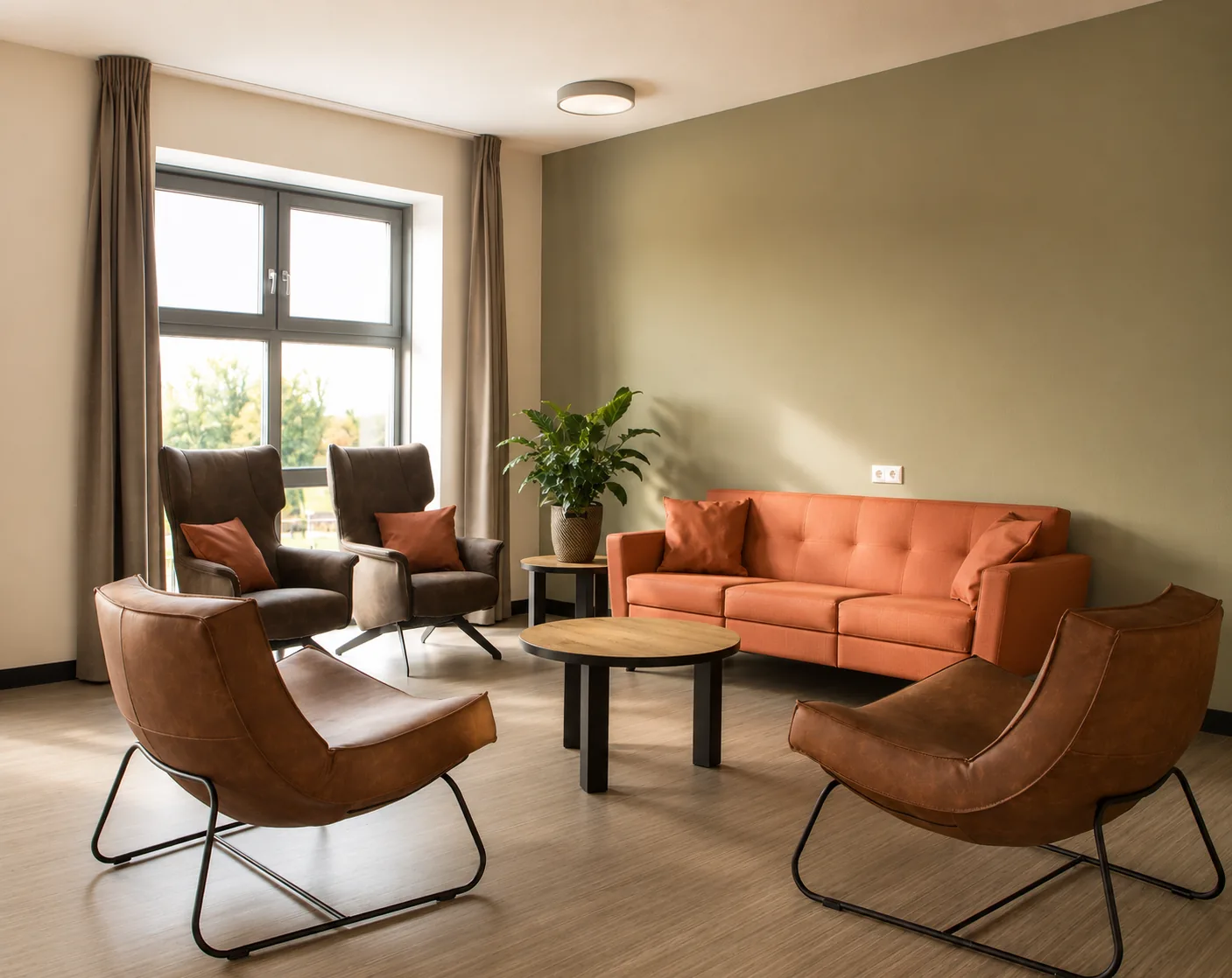 Zithoek met oranje bank en fauteuils bij Prinsenstichting