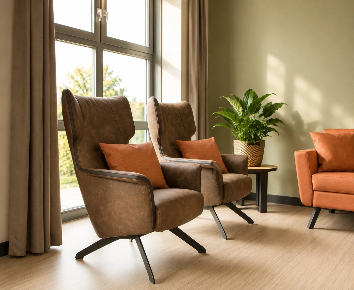 Zithoek met bruine leren fauteuils bij Prinsenstichting