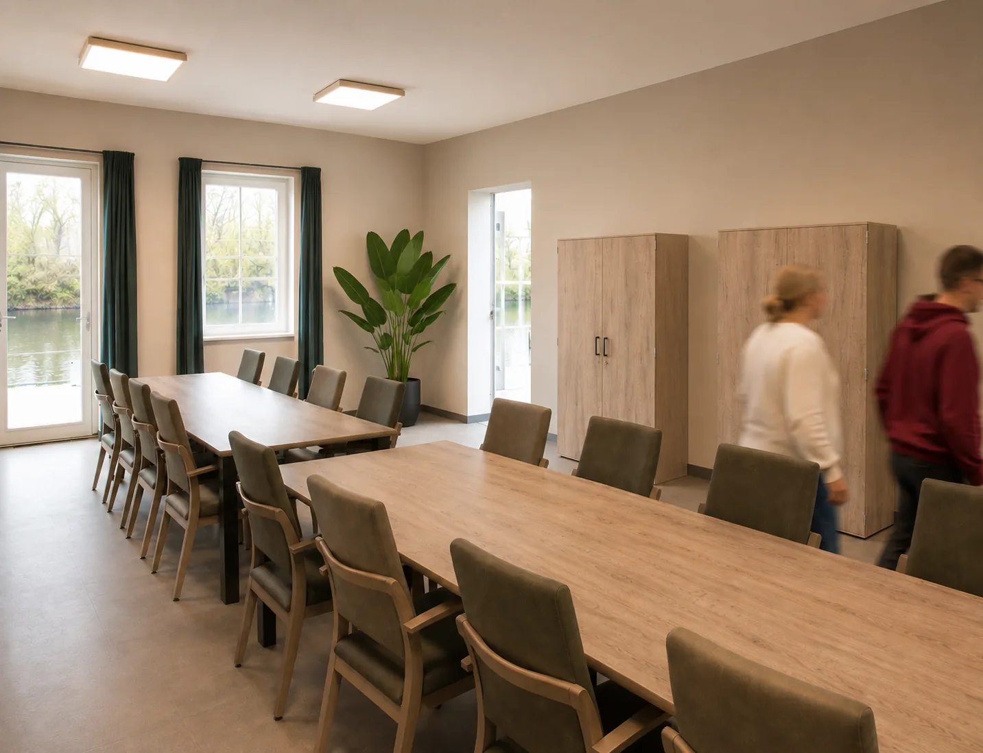 Eetruimte met lange tafels
